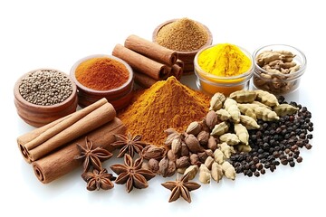 various spices and herbs on a white background