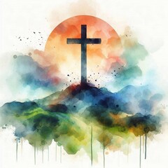 Watercolor Cross on a Hill at Sunset &ndash; Christian Hope and Resurrection Concept. AI generated illustration