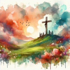 Watercolor Cross on a Hill at Sunset – Christian Hope and Resurrection Concept. AI generated illustration