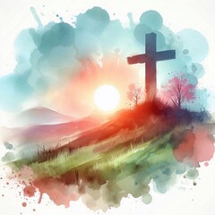 Watercolor Cross on a Hill at Sunset – Christian Hope and Resurrection Concept. AI generated illustration