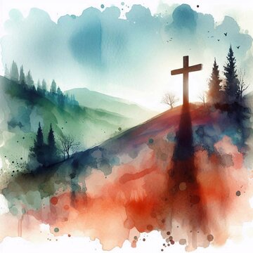 Fototapeta Watercolor Cross on a Hill at Sunset – Christian Hope and Resurrection Concept. AI generated illustration
