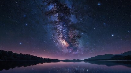 Fototapeta premium Starry night sky with northern lights and a cosmic landscape filled with stars, clouds, and a glowing nebula