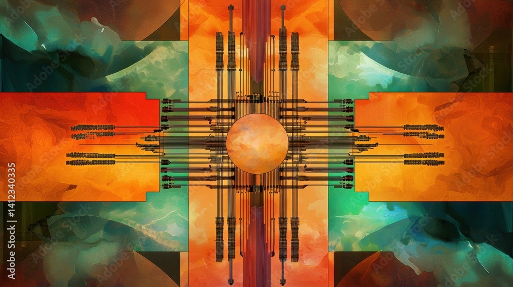 Poster circuit board pattern fading into a dark abstract gradient