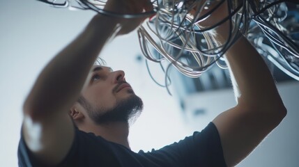 Technician installing wiring for lighting fixtures in a new office space. Featuring electrical wiring and installation