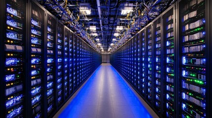 Obraz premium Server room with rows of computer racks lit with blue lights.