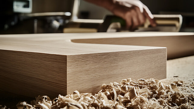 Carpenter cutting wood for a custom furniture project. Craftsmanship and precision