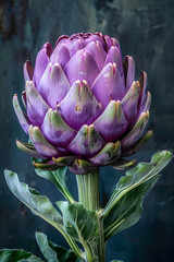 Macro. Close-up of purple artichoke bulb isolated on defocused background. Vertical orientation. Edible artichoke flower bud