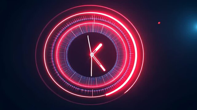 Abstract neon clock design with glowing red elements against a dark background, symbolizing time