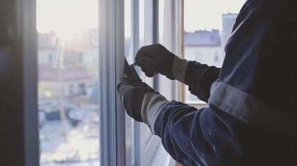 Technician sealing gaps in windows at a construction site. Featuring attention to detail and sealing work