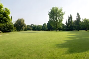 Obraz premium Lush Green Park With Trimmed Grass and Soft Trees During Daylight