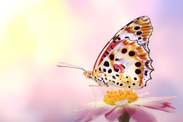 Obraz premium Colorful Butterfly Resting on Blooming Flower in a Soft Garden