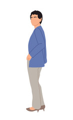 Modern businesswoman standing side view. Vector illustration of cartoon business lady in smart casual outfit. Isolated on transparent background. 