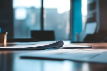Papers on a table in an office setting with a blurry background.