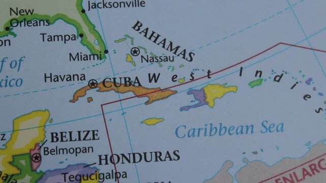close up of the country of Cuba viewed on a wold map as a travel concept. Cuba on a map. Political map of Cuba 

