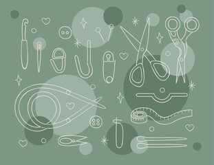 Set of knitting tools and accessories color. Outline illustration for your projects.