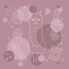 Set with cute alpaca and skeins of yarn color. Outline illustration for your projects.