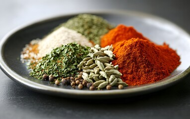 Variety of Spices and Herbs on Dark Plate
