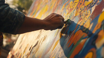 Painter applying finishing touches to a large mural in a city park. Featuring outdoor mural art