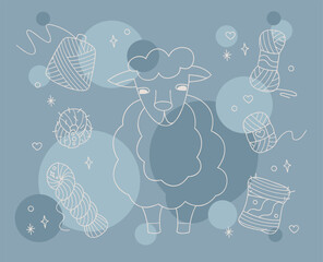 Set with cute sheep and skeins of yarn color. Outline illustration for your projects.