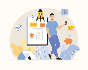 Startup business concept. Man creating business plan, develops idea, creates new successful project and launches rocket. Flat vector illustration.