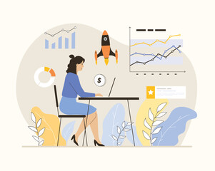 Startup business concept. Woman investing money, planning and launches new company. Flat vector illustration.