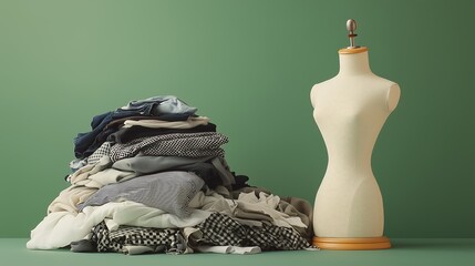 Clothes piled in a pile, intended for recycling, with a sewing dummy next to it, olive monochrome background, eco- friendly concept of environmental conservation