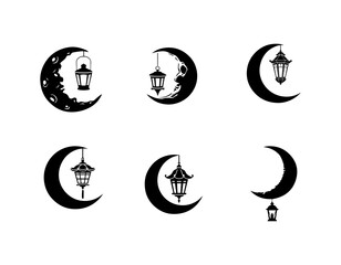 Collection of Six Unique Crescent Moon and Lantern Icons Elegant Nighttime Designs