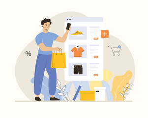 Shopping online. Man buy clothes in online store through mobile application, pay his credit card. Flat vector illustration.
