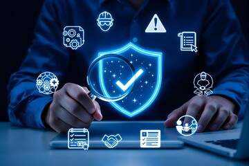 Business Risk and Safety Compliance – Businessman Inspecting Operational Safety Standards with Magnifying Glass for Compliance Review