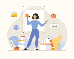 Shopping online. Digital business, mobile commerce. Woman selling products on social networks. Flat vector illustration.