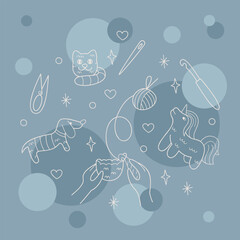 Knitting amigurumi, knitted toys and tools color. Outline illustration for your projects.