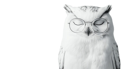 Png of A wise-looking white owl wearing glasses, blending charm and intellect in this captivating, whimsical portrait.