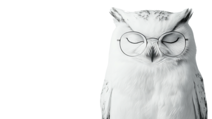 Png of A wise-looking white owl wearing glasses, blending charm and intellect in this captivating, whimsical portrait.