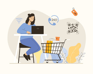 Shopping online. Woman with shopping cart, bags and boxes making purchases and paying with qr code scanning. Flat vector illustration.