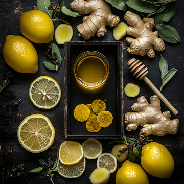 
a lay flat image of ilola tea discs, a rectangular black box, sliced and dried ginger, whole ginger, whole lemons, sliced lemons, wedges of lemon, a honey pot with dipper, tulsi plants, dried tulsi a
