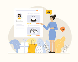 Shopping online. Woman ordering goods at store webpage and making bargain purchases. Flat vector illustration.