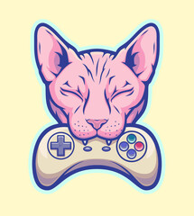 Pink sphinx cat head with gamepad in it`s mouth vector illustration.