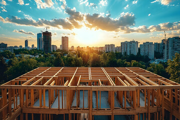 Construction site at sunset with wooden framework, city skyline, and vibrant clouds in the background