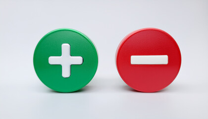 Fototapeta premium Bright green plus and red minus 3D icons. Minimalistic design. Isolated on white backdrop.