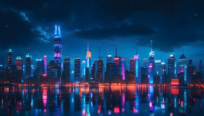 Vibrant urban nightlife panorama city skyline digital art reflected lights aesthetic night view