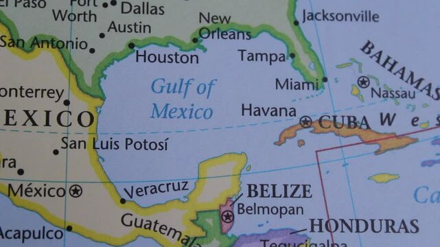 close up of the Gulf of Mexico viewed on a wold map as a travel concept. Gulf of Mexico on a map. Political map of Gulf of Mexico 
