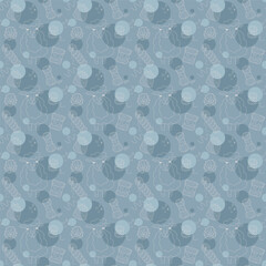 Seamless pattern with cute sheep and skeins of yarn color. Illustration for your projects.