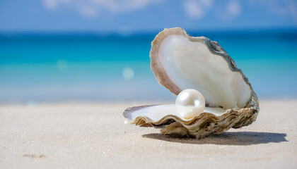 Natural pearl inside oyster shell on sandy surface.