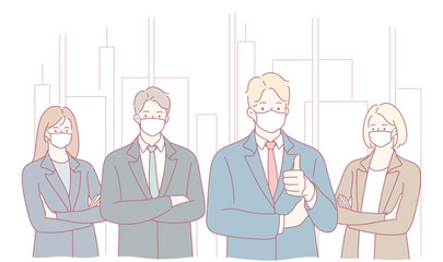 A diverse group of professionals in business attire, showcasing teamwork, confidence, and cooperation