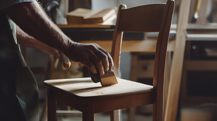 Carpenter finishing a wooden chair with sanding tools. Highlighting woodworking and furniture restoration