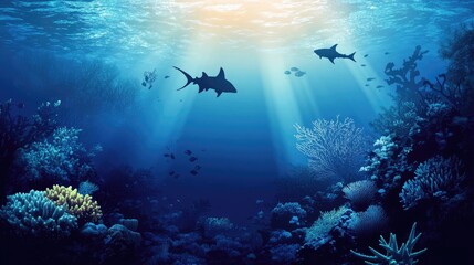 Fototapeta premium Coral reef underwater world with marine animals, silhouettes, and algae