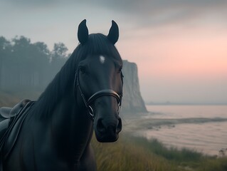 Obraz premium Equestrian Beauty at Dawn A Majestic Horse in a Serene Landscape Near Calm Water