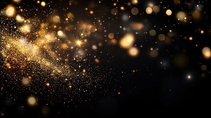 Fototapeta premium Golden glitter sparkles on black background; abstract, festive bokeh