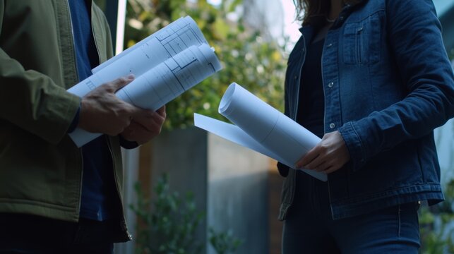 Architect discussing site plans with a contractor on location. Featuring collaboration and vision