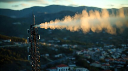 Obraz premium Smoky tower emits steam over town at sunset